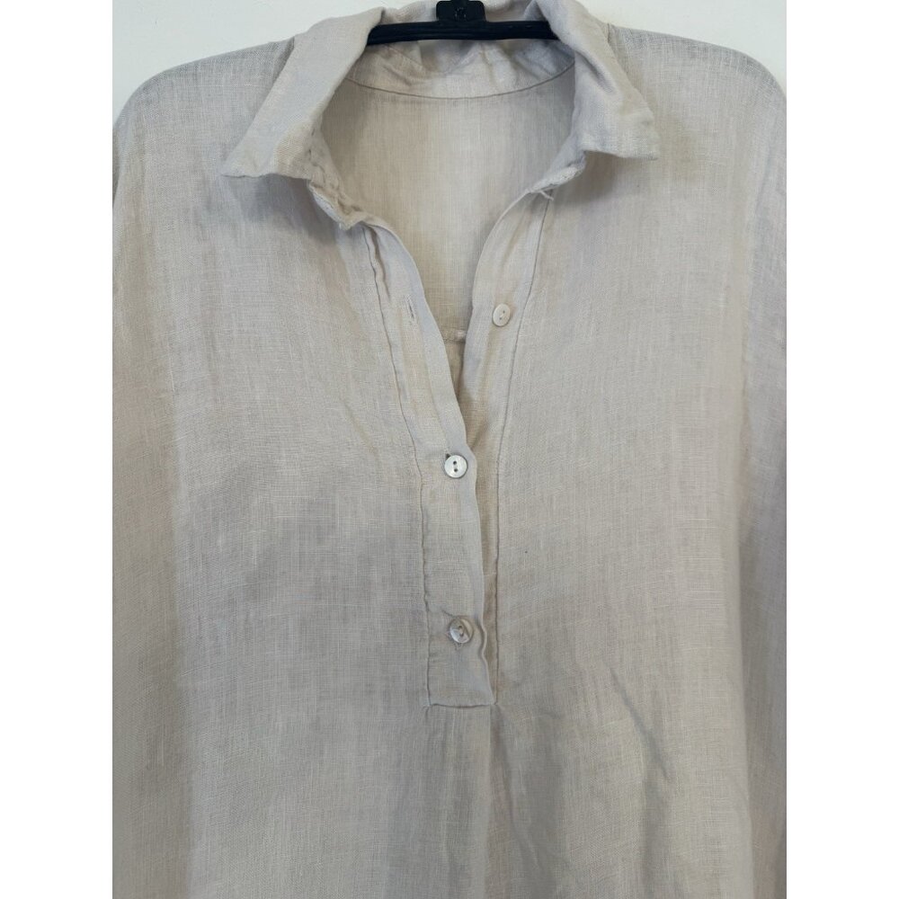 Made in Italy O/S Beige Linen Dress Pockets Buttons Lagenlook Boho Midi Shirt - Picture 7 of 12